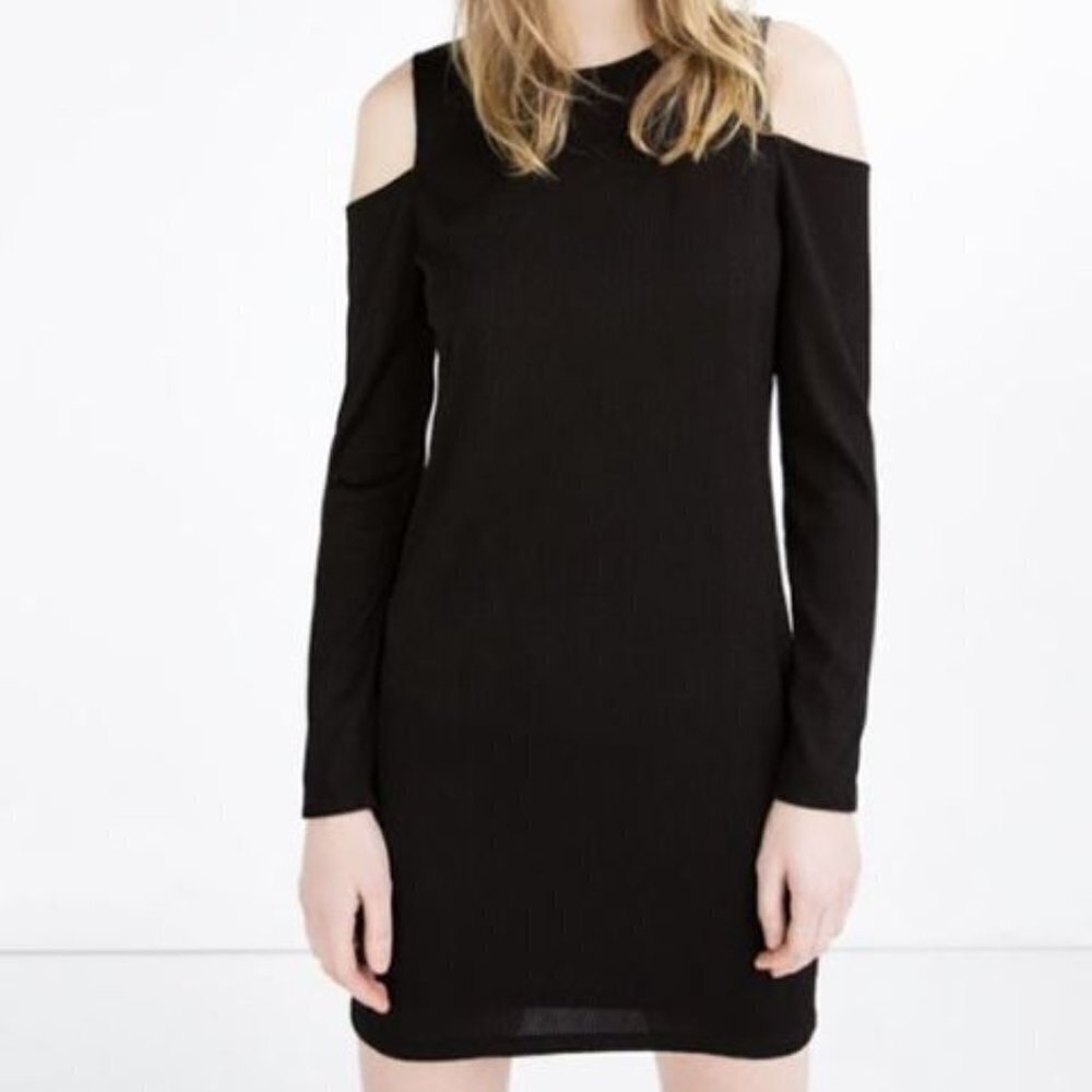 ZARA Black Dress Ribbed Cold Shoulder Long Sleeve Knit Size‎ L New